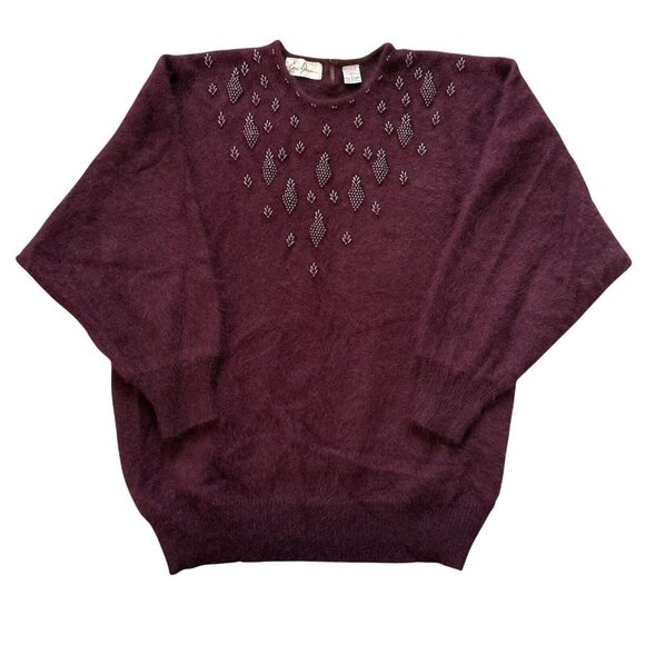 Vintage Eddie Dassin Size Large Angora Wool Blend Beaded Burgundy Wine Sweater - Picture 1 of 11